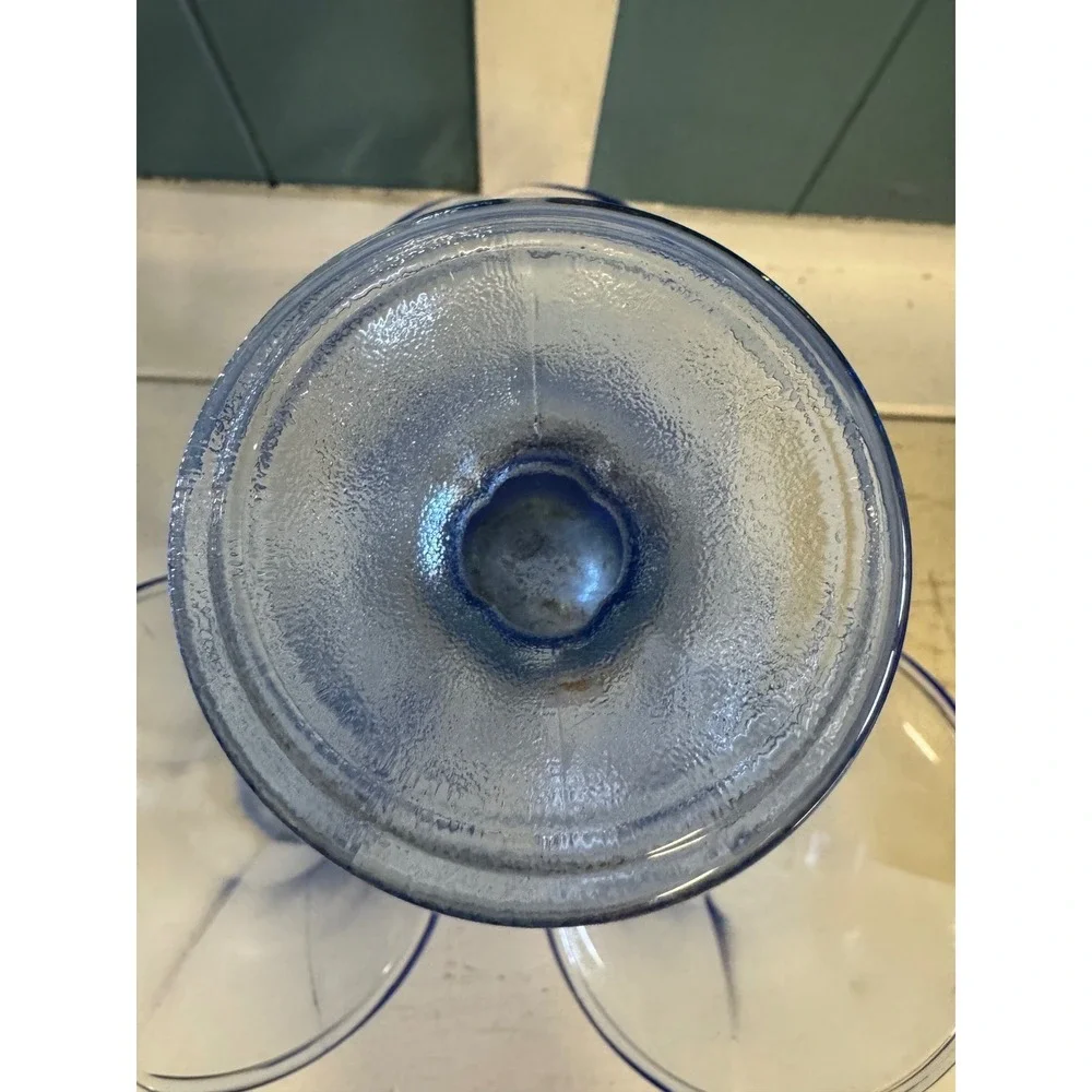 Vintage Frosted Light Blue Glass Sundae Dishes Cobalt Blue Rim Set of 4 Footed